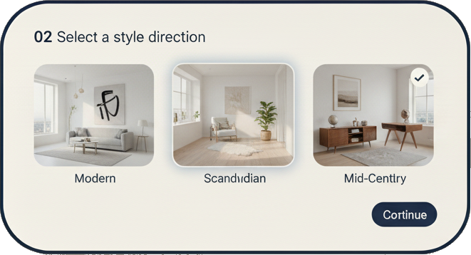 A styled living room with a gray sofa and teal pillows, representing a style direction.